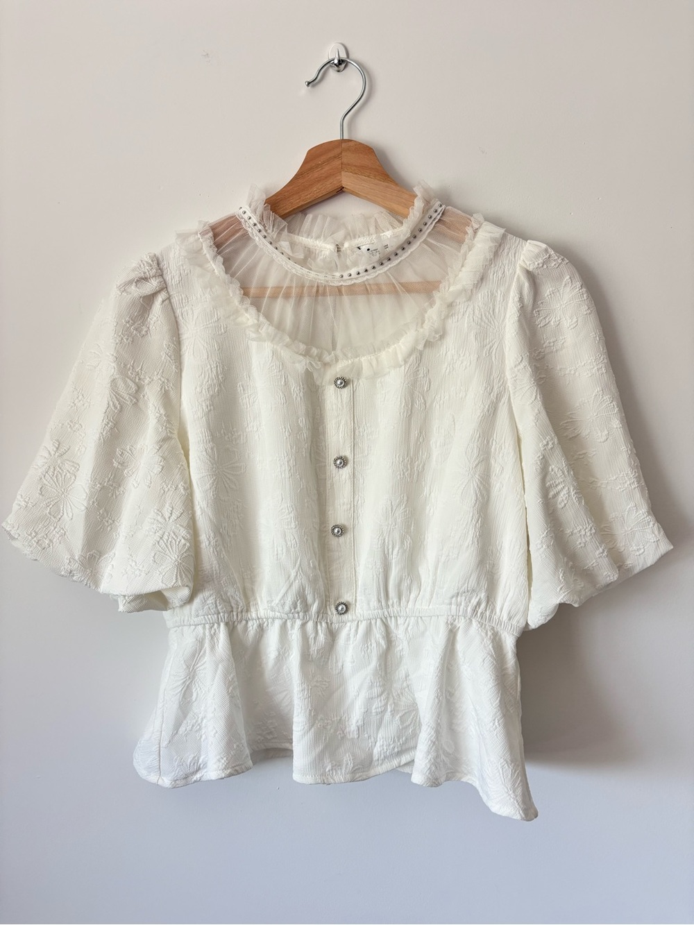 White Coquette Ruffle Peplum Pearl Button Blouse